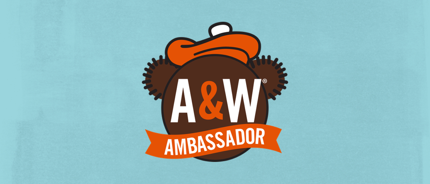Background is blue. A&W Ambassador Logo is in the middle of the background. Logo features text 
